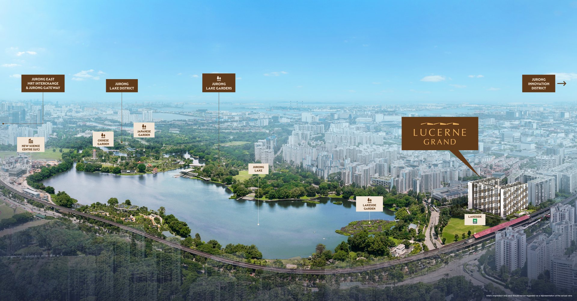 Aerial view showing Lucerne Grand in relation to Jurong Lake, Jurong Lake Gardens, Lakeside MRT and Jurong East. Artist's impression.