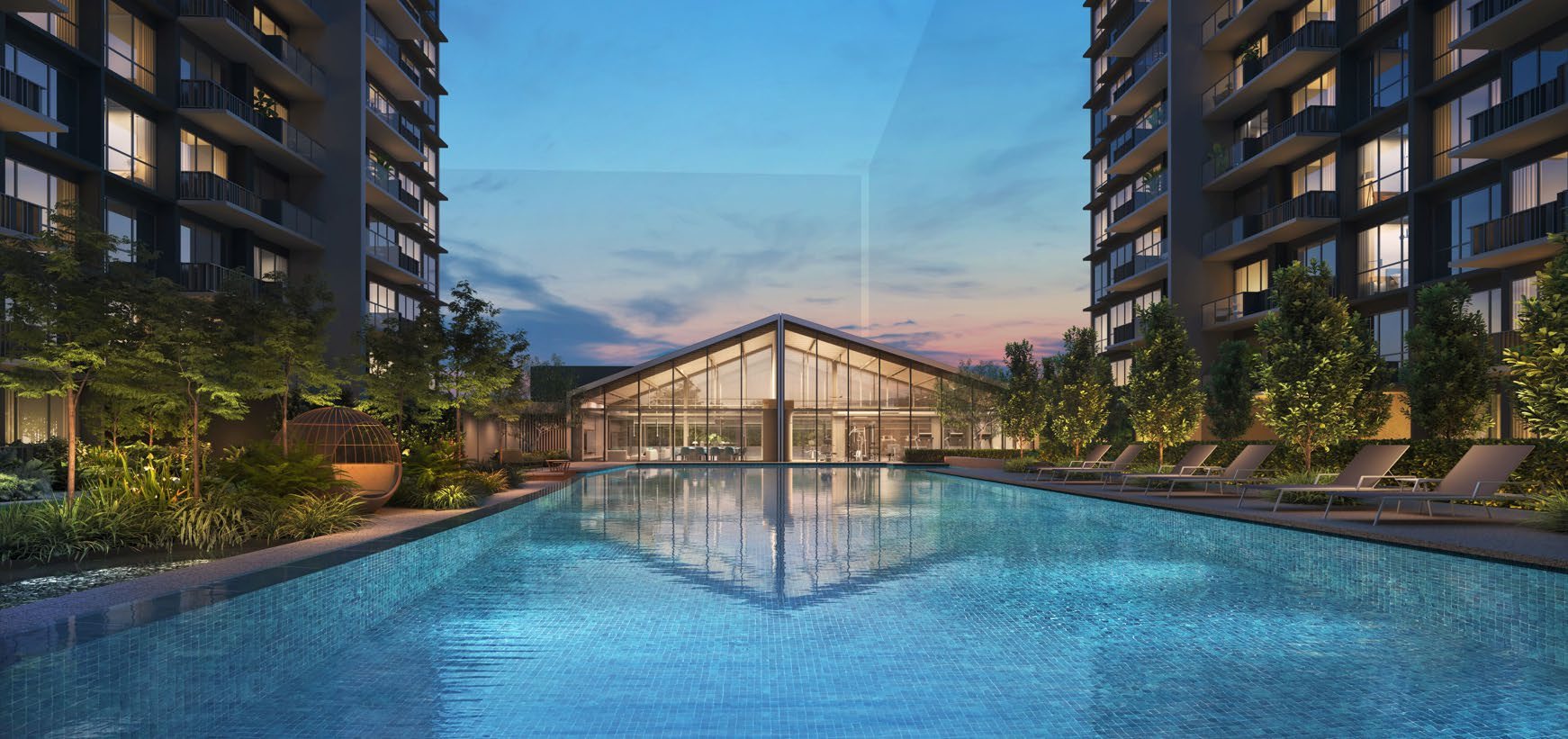 Club Lucerne and the lap pool at dusk. Artist's impression.