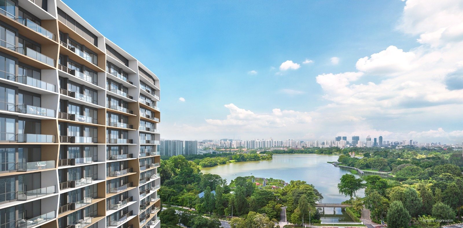 Lucerne Grand looking east across Jurong Lake and Jurong Lake Gardens. Artist's impression.