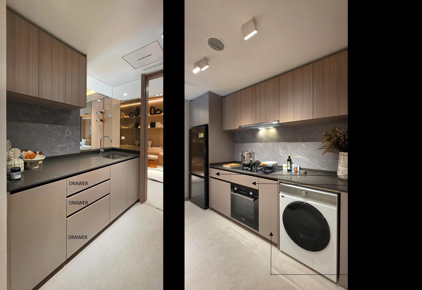 Kitchen in the 3-bedroom premium + study showflat.