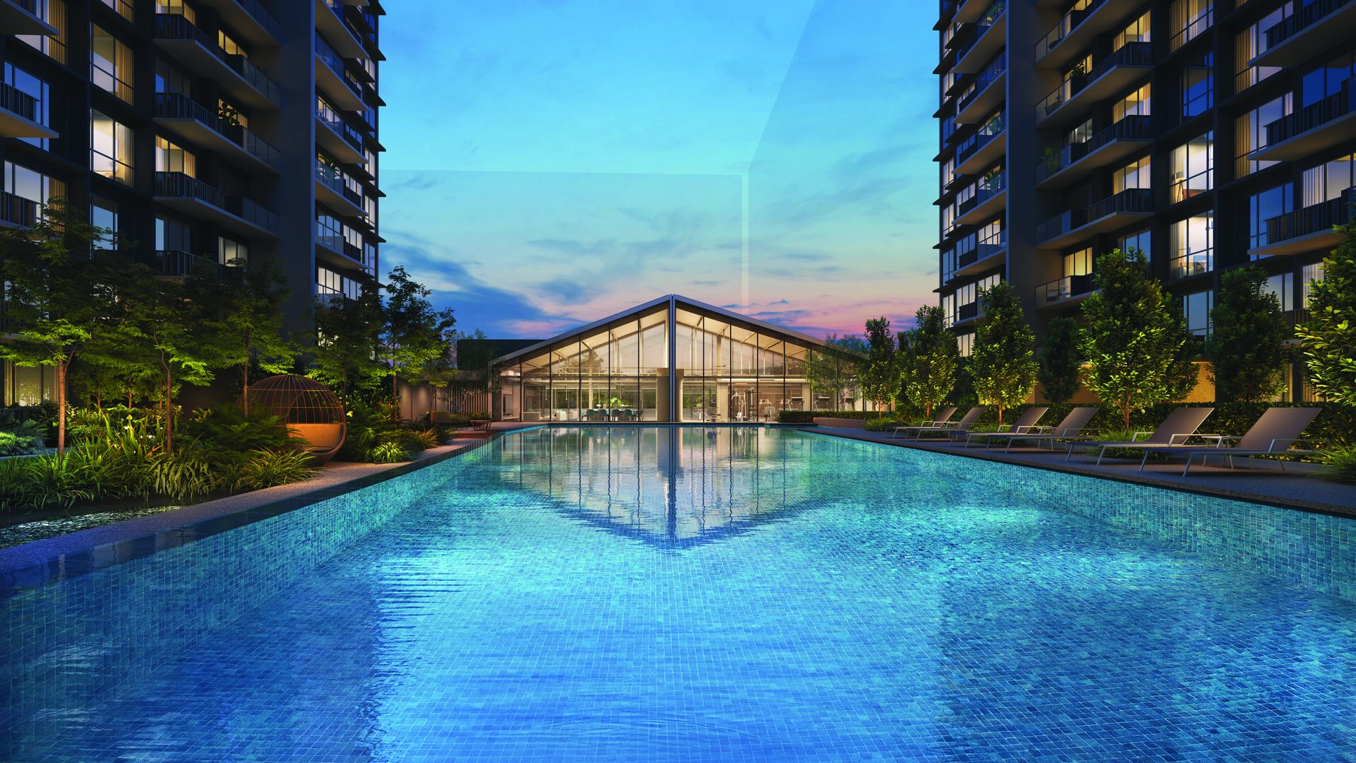 Club Lucerne and the lap pool at dusk. Artist's impression.