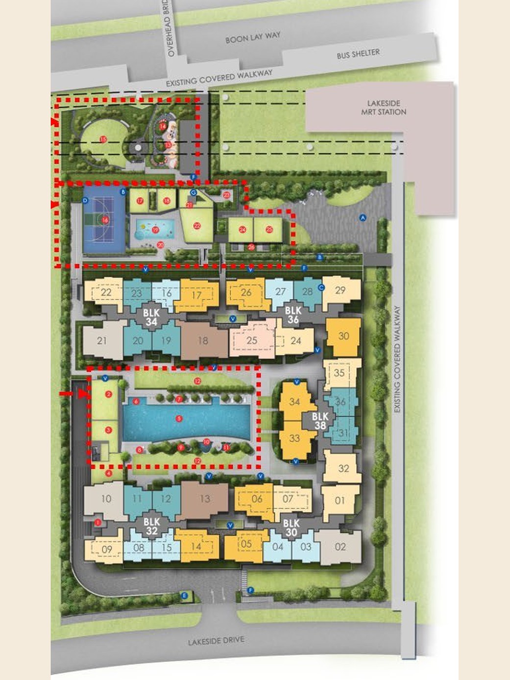 Site and facilities plan of Lucerne Grand showing five residential blocks, the central pool spine and the four facility valleys.