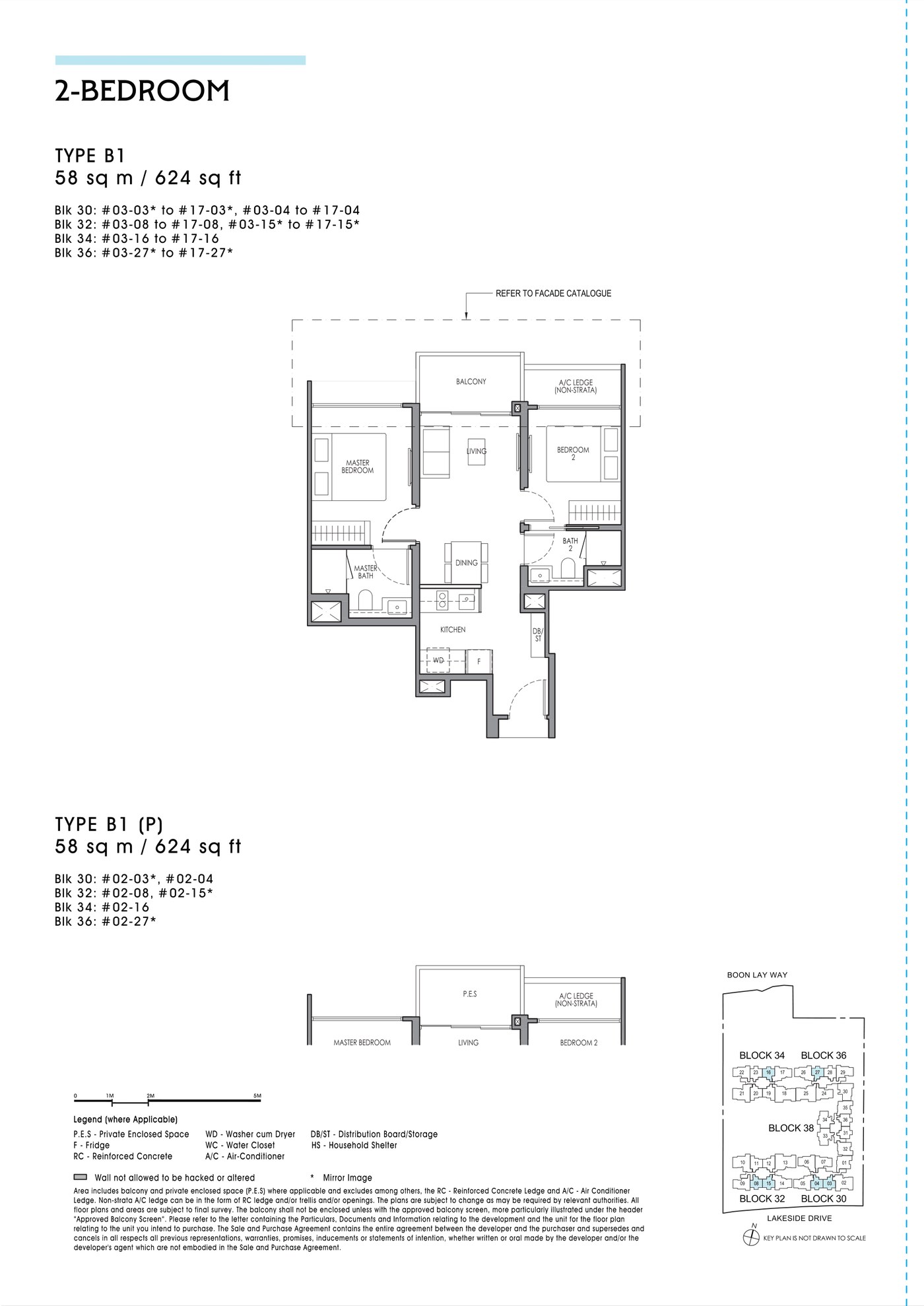Floor plan, type B1 - 2 Bedroom, 58 sq m / 624 sq ft.