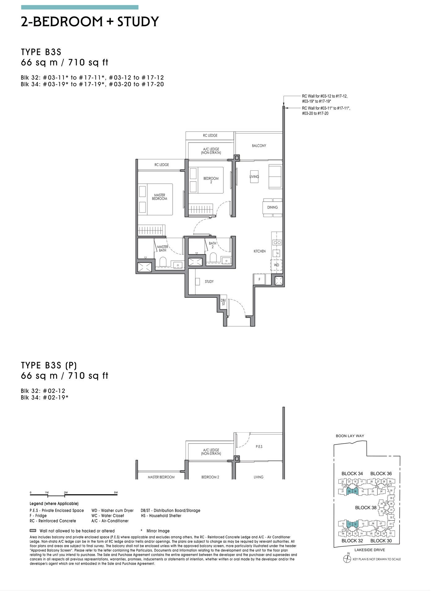 Floor plan, type B3S - 2 Bedroom + Study, 66 sq m / 710 sq ft.