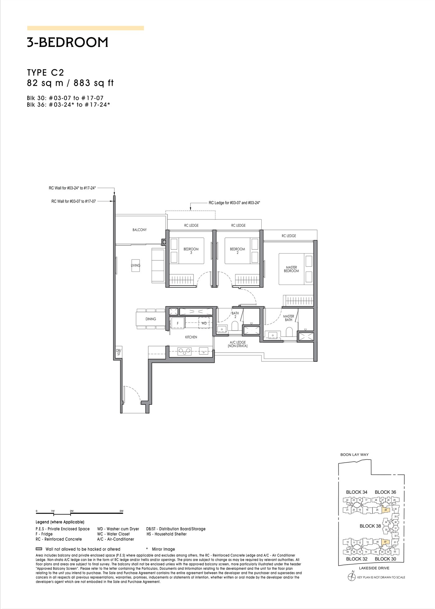 Floor plan, type C2 - 3 Bedroom, 82 sq m / 883 sq ft.