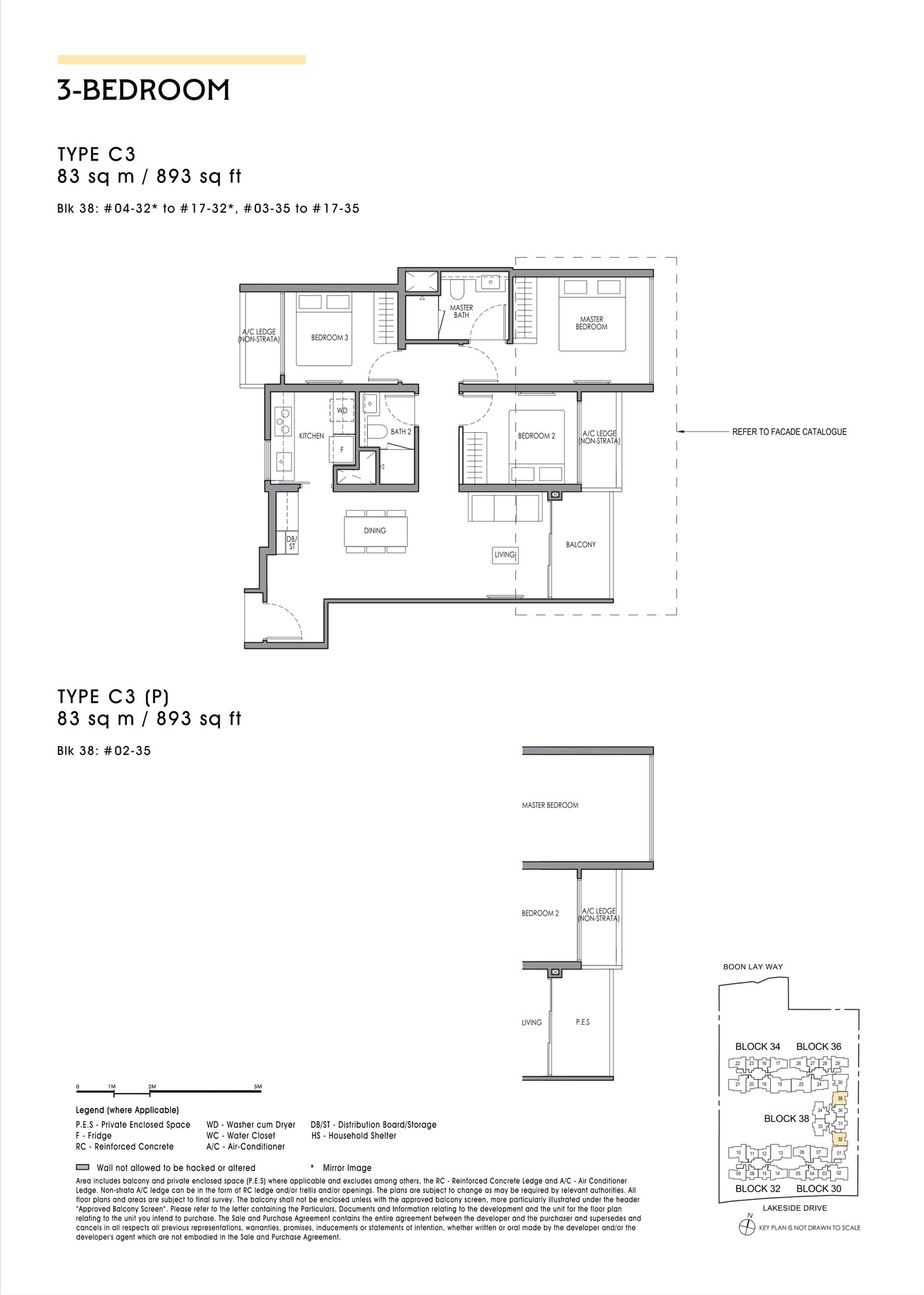 Floor plan, type C3 - 3 Bedroom, 83 sq m / 893 sq ft.