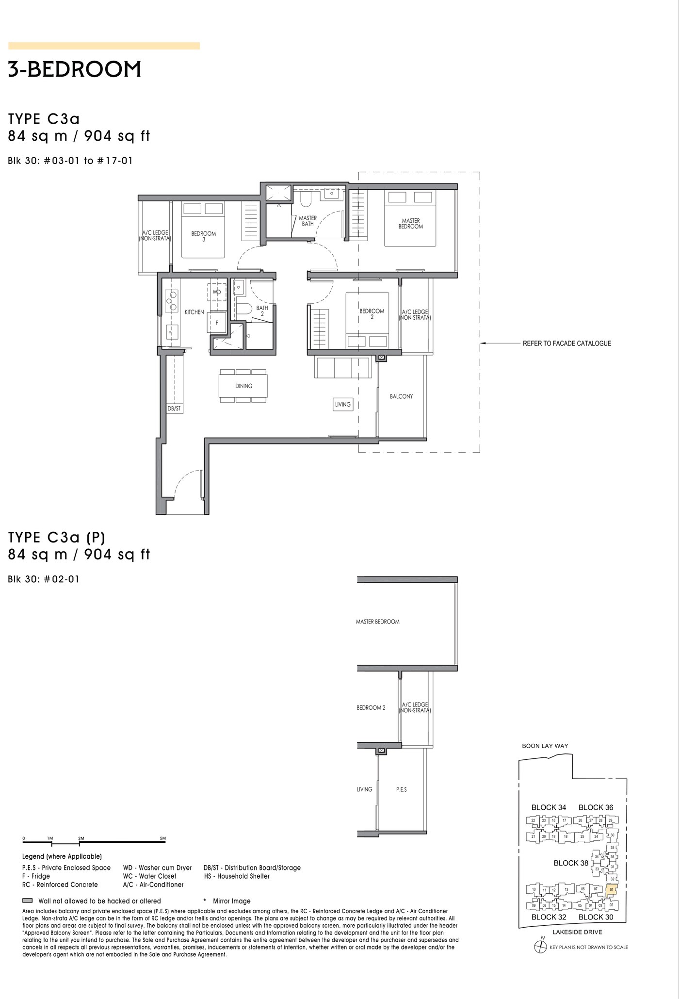 Floor plan, type C3a - 3 Bedroom, 84 sq m / 904 sq ft.