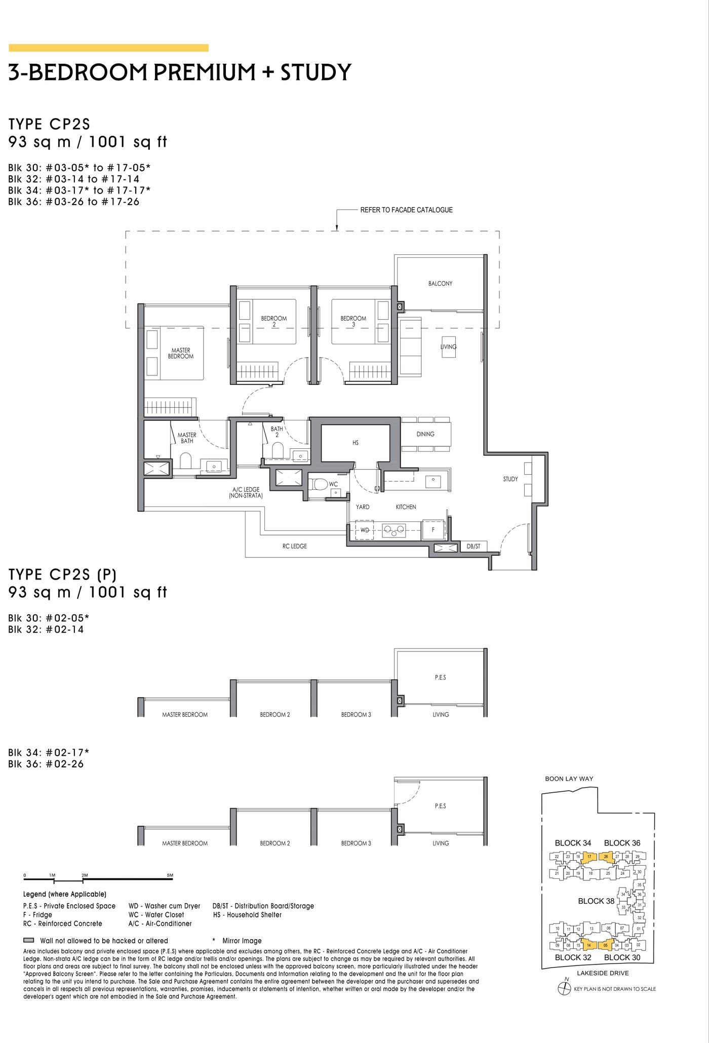 Floor plan, type CP2S - 3 Bedroom Premium + Study, 93 sq m / 1,001 sq ft.