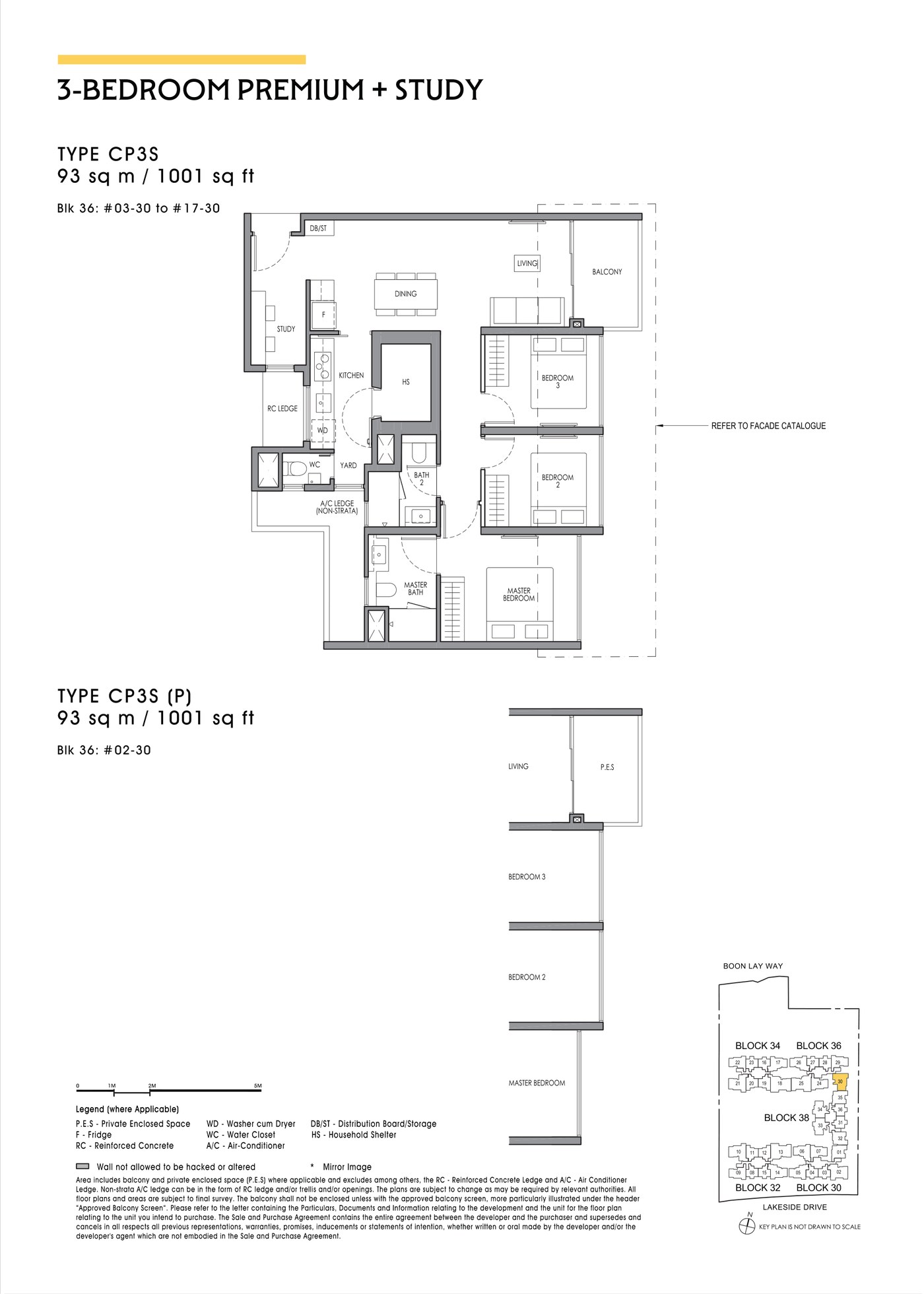 Floor plan, type CP3S - 3 Bedroom Premium + Study, 93 sq m / 1,001 sq ft.