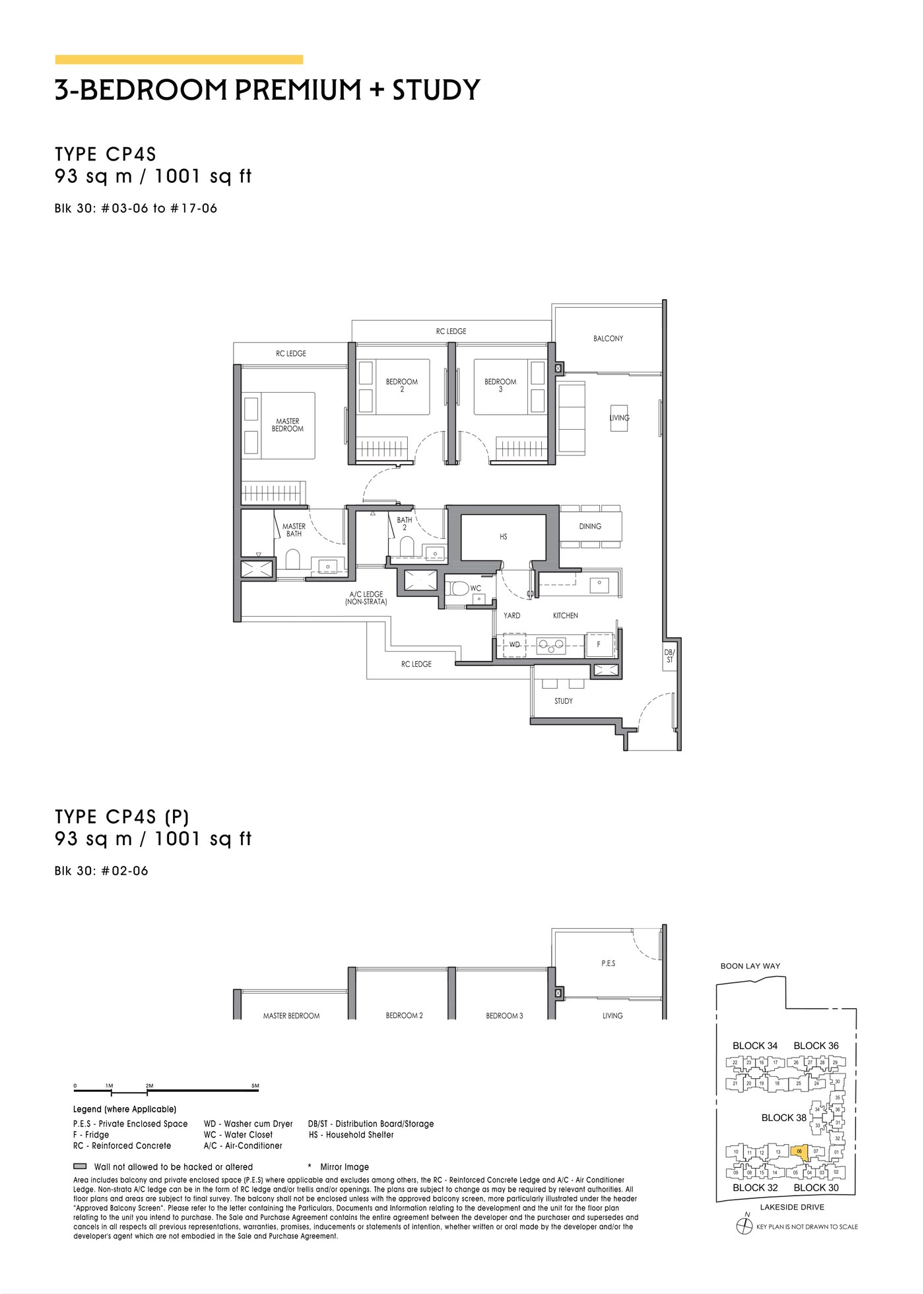 Floor plan, type CP4S - 3 Bedroom Premium + Study, 93 sq m / 1,001 sq ft.