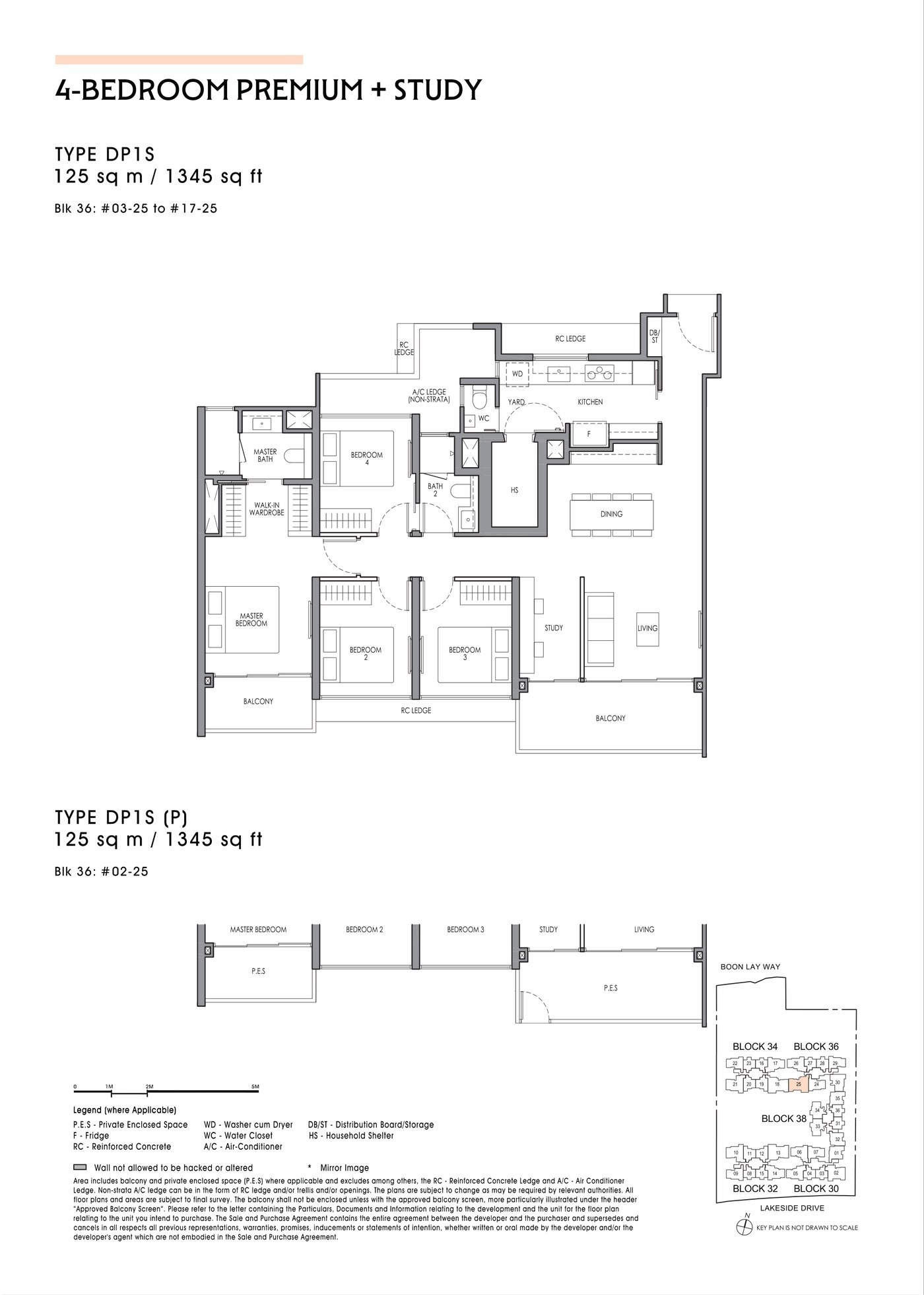 Floor plan, type DP1S - 4 Bedroom Premium + Study, 125 sq m / 1,345 sq ft.